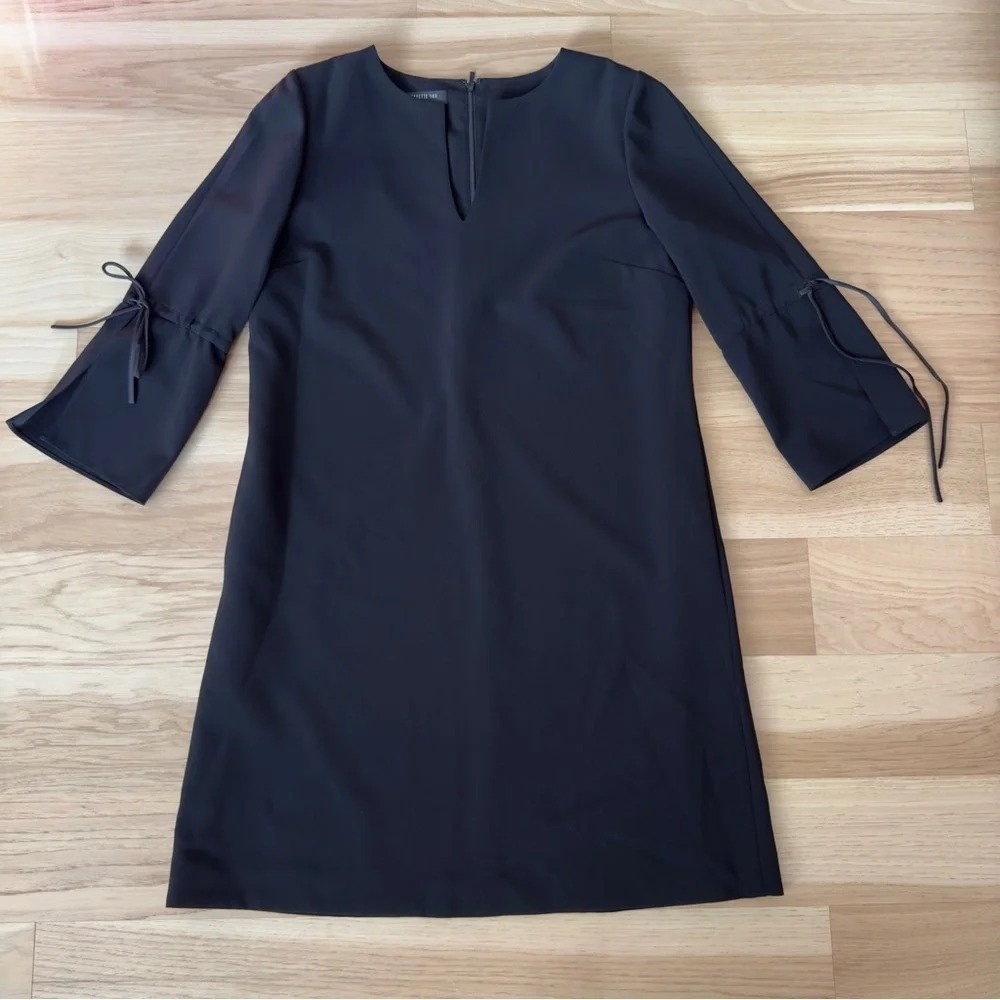 Lafayette 148 Dress Size M 3/4 Sleeve Shift Black Tie Sleeves Tech Cloth Pockets - Picture 1 of 11